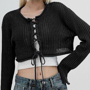 Lewkin black cropped long sleeve lace tie up ribbed cardigan